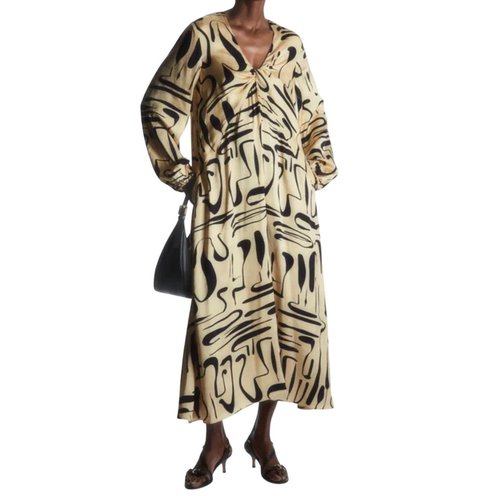 COS Swirl Print Satin Midi Dress Women Size 12 Gold Black Abstract V-Neck Pocket